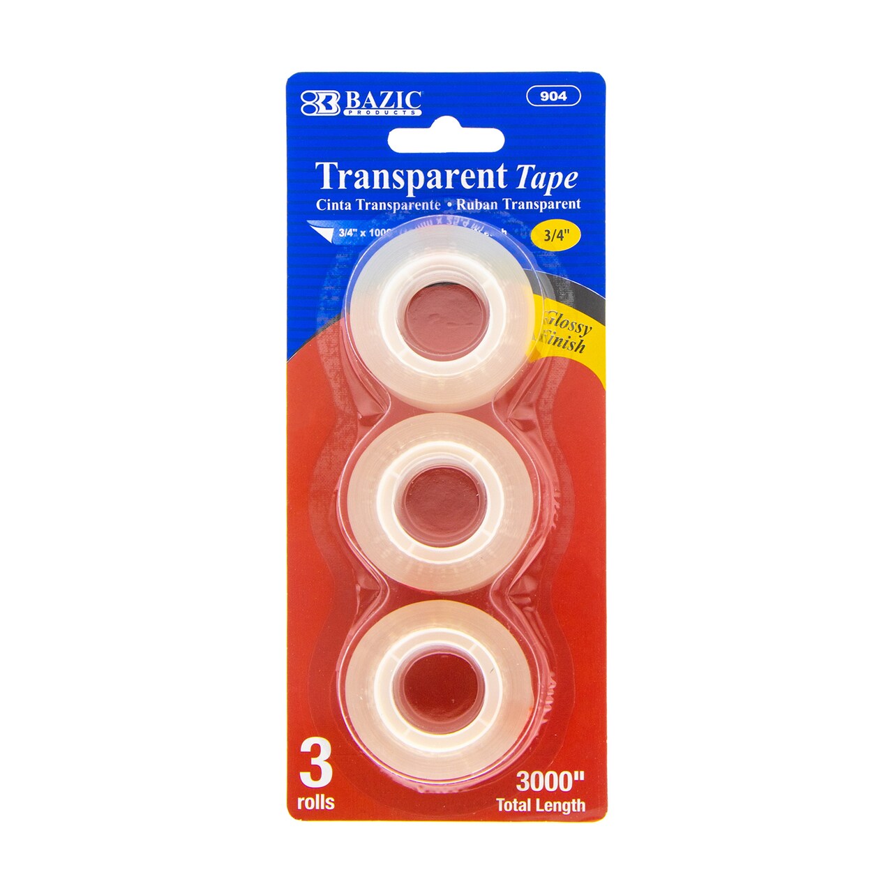 BAZIC Transparent Tape Refill, 3/4 in x 1000 in, 3 Rolls, Clear Film Tape